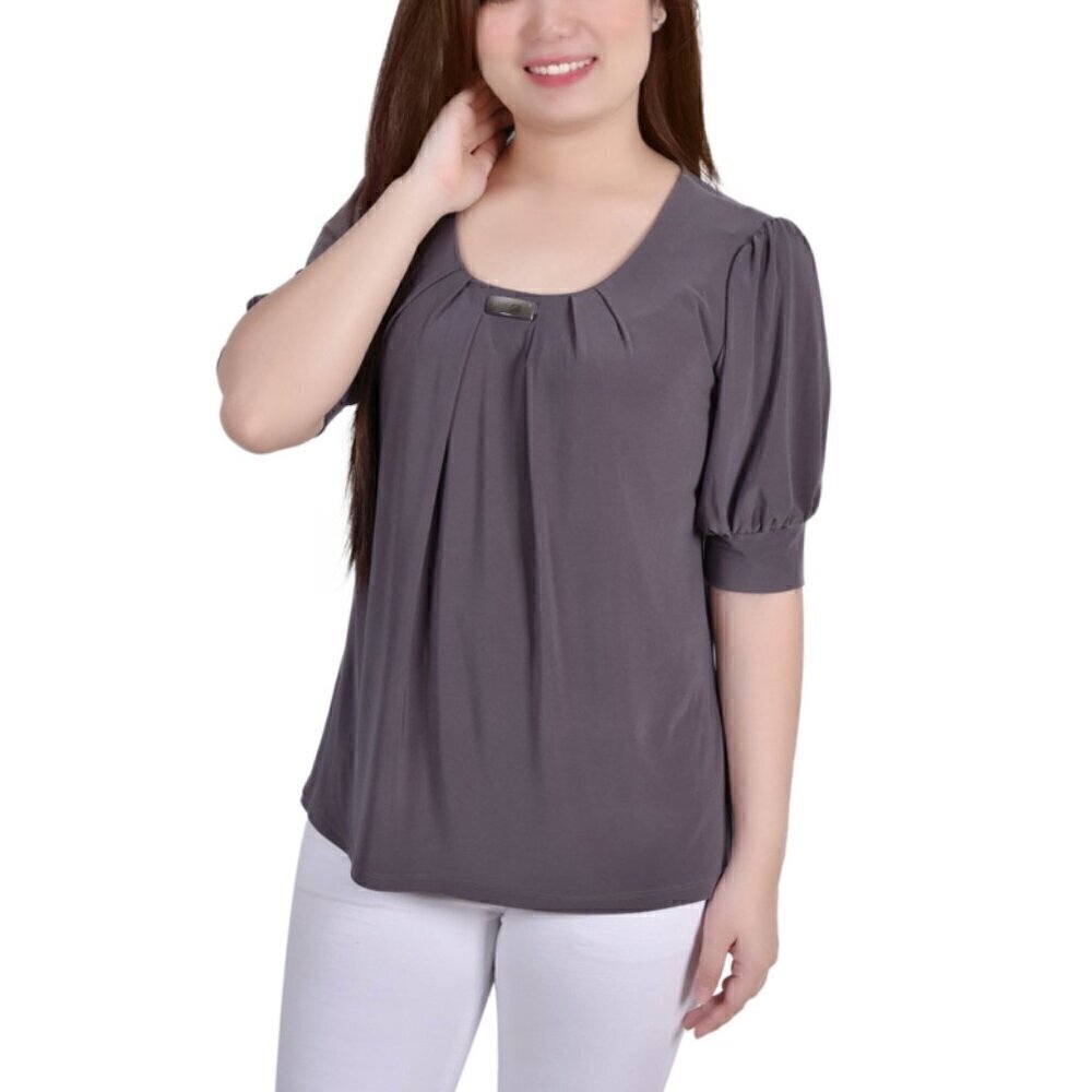 NY COLLECTION Petite Short Sleeve Balloon Sleeve Charcoal Grey Top NWT
